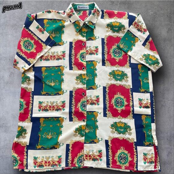Versace Shirt Womens XL Multicolor Baroque Print Allover Button Down - Picture 1 of 11